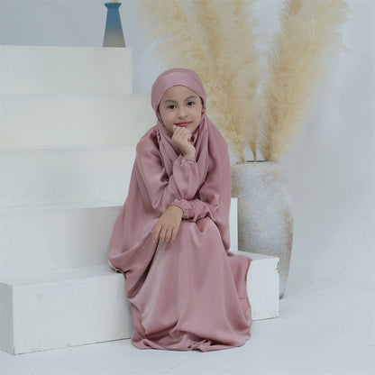 Gowns for Kids Girls Islamic Clothing 2 Piece Sets Dubai Muslim Outfits Overhead Hijabs Abaya Khimar Skirt Ramadan Eid Dresses