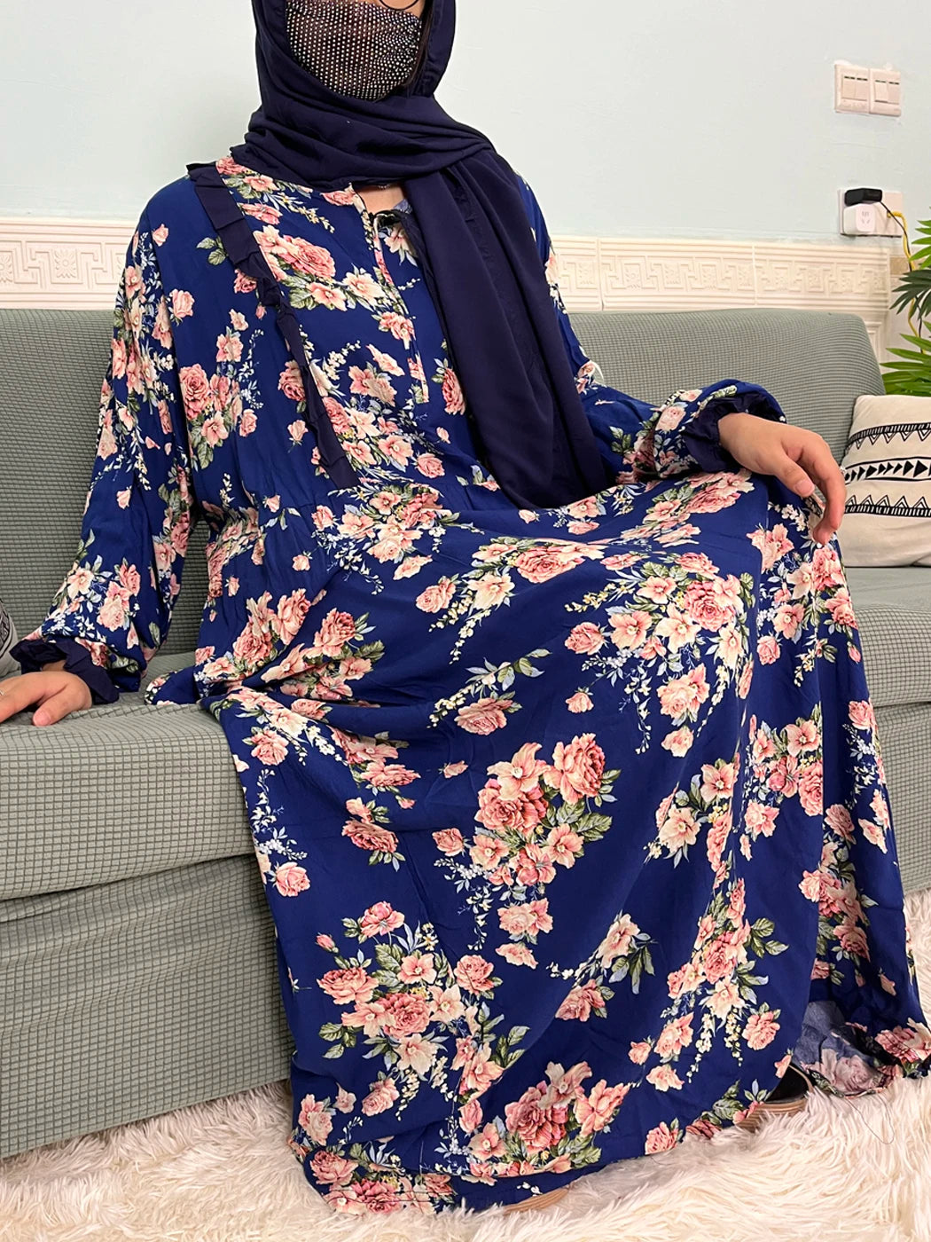 Muslim Traditional Ramadan Abayas For Women's Prayer Garment Cotton Printed Floral Boubou Loose Femme Robe Connected Headscarf