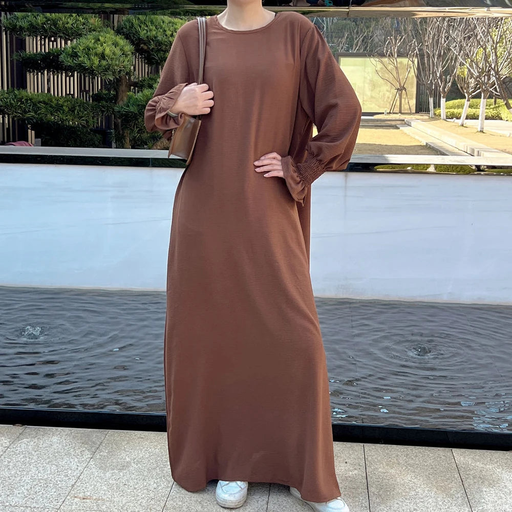 Under Abaya Inner Long Slip Dress Solid Color Smocked Cuffs Islamic Clothing Muslim Woman Casual Dubai Turk Modest Hijabi Robe