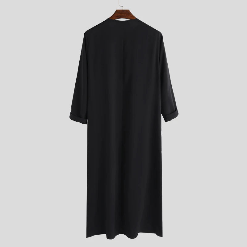 INCERUN Men Muslim Arabic Kaftan Islamic Long Sleeve Abaya Robes Solid Color Saudi Arabia Dress Jubba Thobe Men Clothing S-5XL