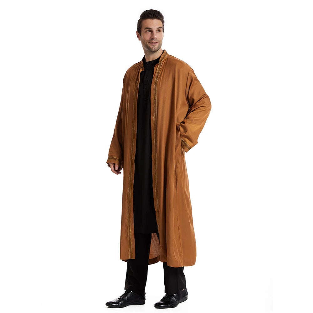 Men Open Abaya Muslim Saudi Jubba Thobe Islamic Clothing Ramadan Kimono Long Sleeve Robe Caftan Dubai Stand Collar Arabic Dress