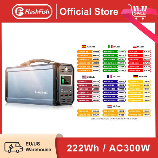 FF Flashfish G300 300W Solar Generator 222Wh Portable Power Station 60000mAh Rechargeable Lithium Battery Bank for Solar Panel