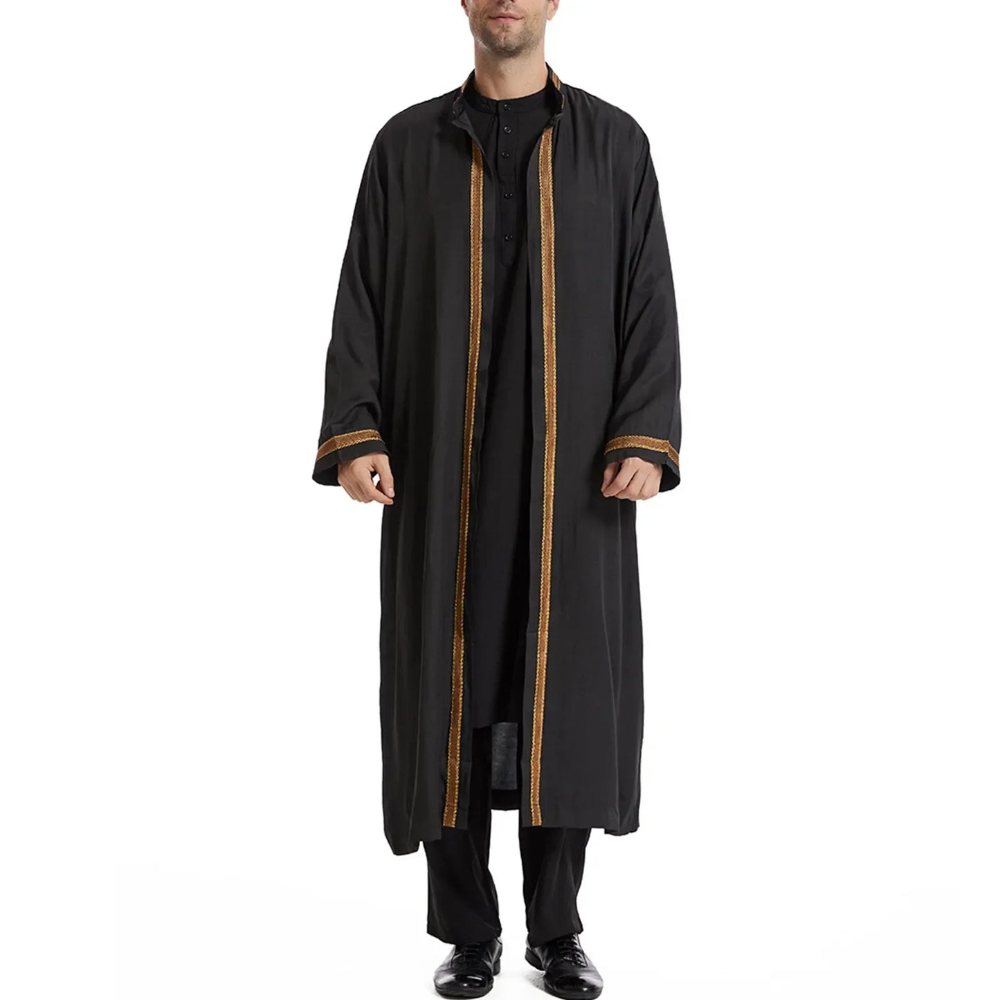 Men Open Abaya Muslim Saudi Jubba Thobe Islamic Clothing Ramadan Kimono Long Sleeve Robe Caftan Dubai Stand Collar Arabic Dress