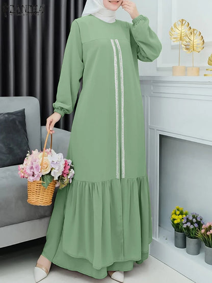 ZANZEA Ruffled Hem Lace Panels Abaya Robes Autumn Muslim Women O Neck Maxi Dress Islamic Hijab Loose Casual Long Sleeve Vestidos