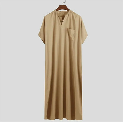 Islamic Arabic Kaftan for Men Vintage Solid Short Sleeve Loose Retro Robe Abaya Dubai Middle East Muslim Dress Men's Clothing