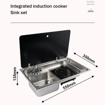 RV Stainless Steel Stove Sink And Induction Cooker Combination Unit With Tempered Glass Lid For Caravan Motorhome Yacht