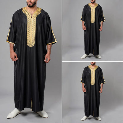 Islam Men Clothing Kaftan Muslim Fashion Robe Embroidered Loose and Breathable Djellaba Abaya Man Jubba Thobe Muslim Dress Eid