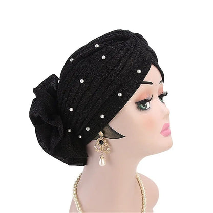 Women Cancer Chemo Cap Big Flower Shiny Silk Muslim Hat Hair Loss Head Scarf Pearls Elastic Turban Head Wrap Cover