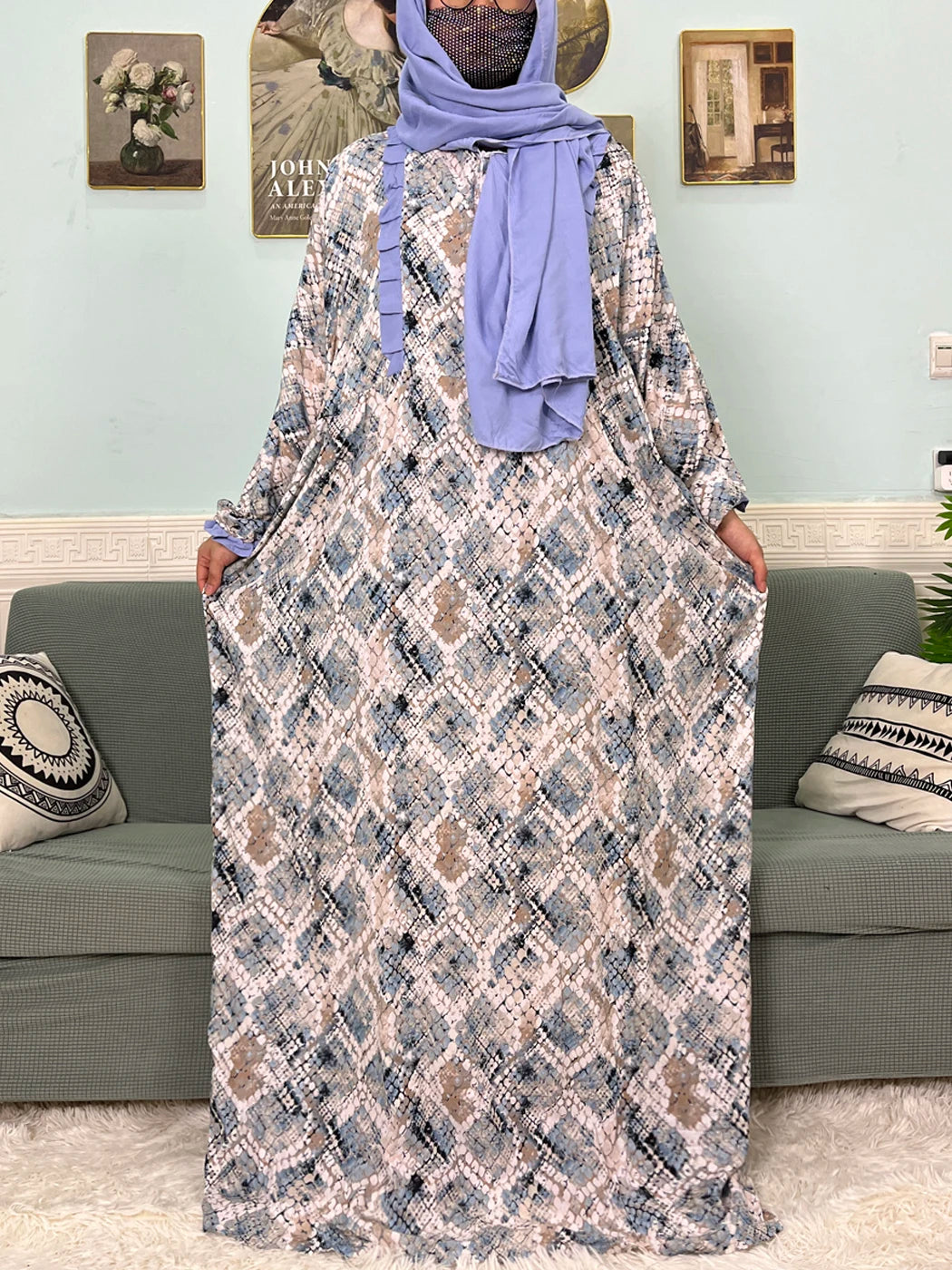 Muslim Traditional Ramadan Abayas For Women's Prayer Garment Cotton Printed Floral Boubou Loose Femme Robe Connected Headscarf