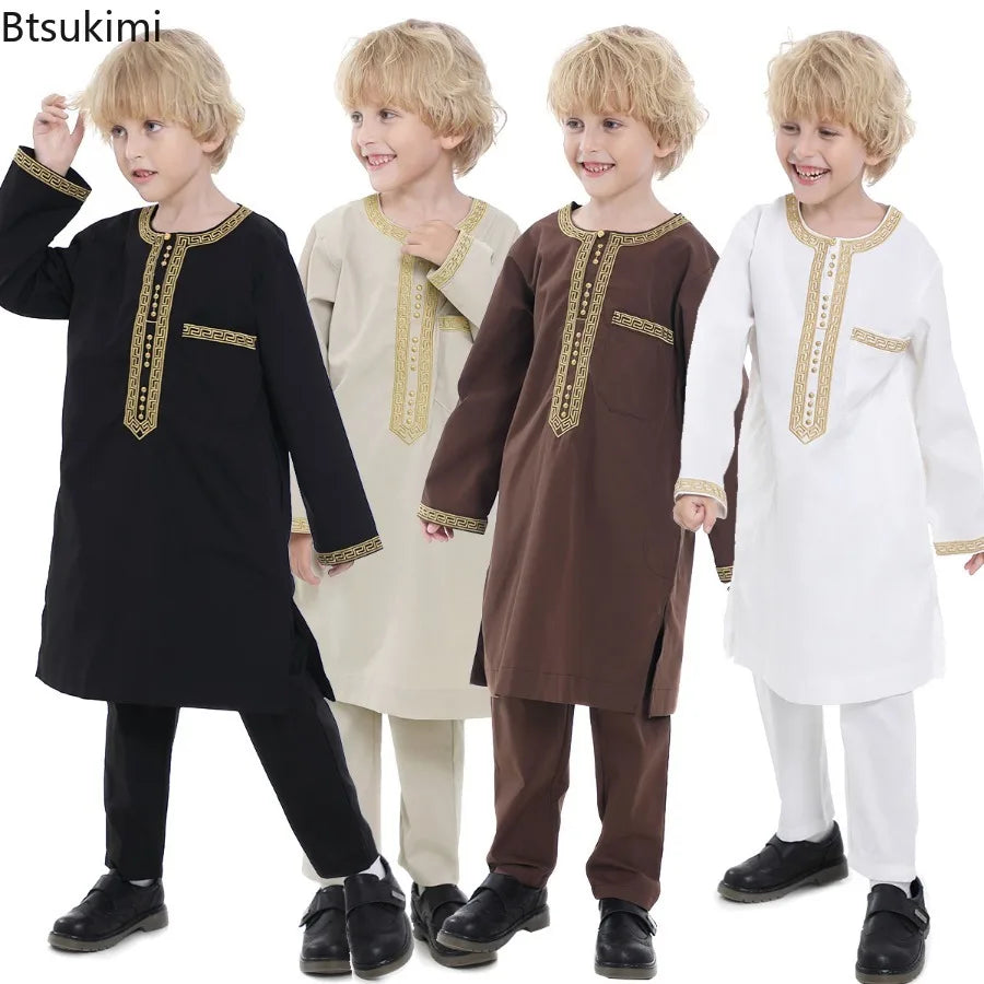 2025 Muslim Children Robe 2pc Set Long Sleeve Embroidery Dress Shirt+Pants Boys Fashion Abaya Kaftan Thobe Kids Islamic Clothing