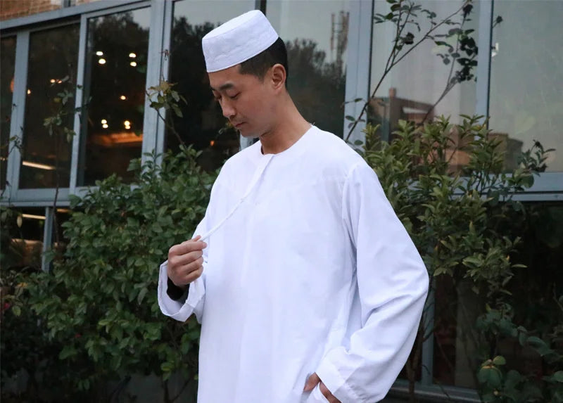 National Costume Men Muslim Clothing White Jubba Thobe Long Sleeve Robes Dubai Middle East Men Islamic Arabic Kaftan Headwear