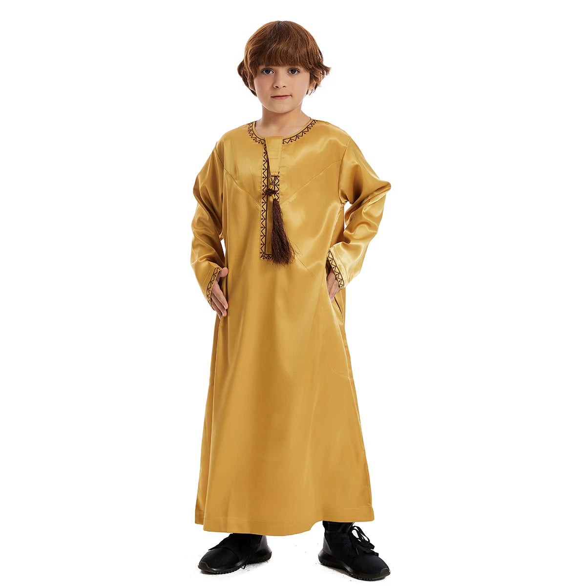 Luxury Muslim Thobe Boys Saudi Dress Kids Islamic Clothing Turkish Arab Dubai Black White Yellow Abaya Children TH881