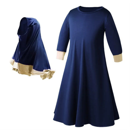 Muslim Children Girls 2 Pieces Prayer Dress Hijab Abaya Ramadan Sets Arab Kids Headscarf Long Robe Islamic Eid Chador Gown