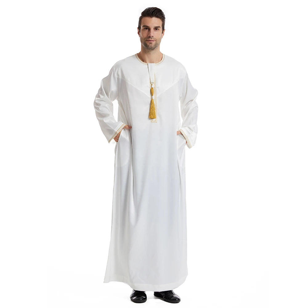 Men Dishdasha Muslim Long Sleeve Dress Daffah Thobe Jubba Saudi Arab Thoub Kaftan Islamic Clothing Robes Abaya Dubai Middle East