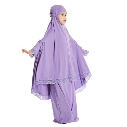 2 Piece Set Prayer Garment Lace Dress Muslim Kids Girls Abaya Gowns Overhead Hijab Long Khimar Ramadan Skirt Arab Clothes Niqab