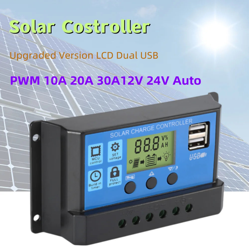 Upgraded 10A 20A 30A Solar Controller 12V/24V Auto Solar Panel PV Regulator PWM Battery Charger 5V Output LCD Display Dual USB