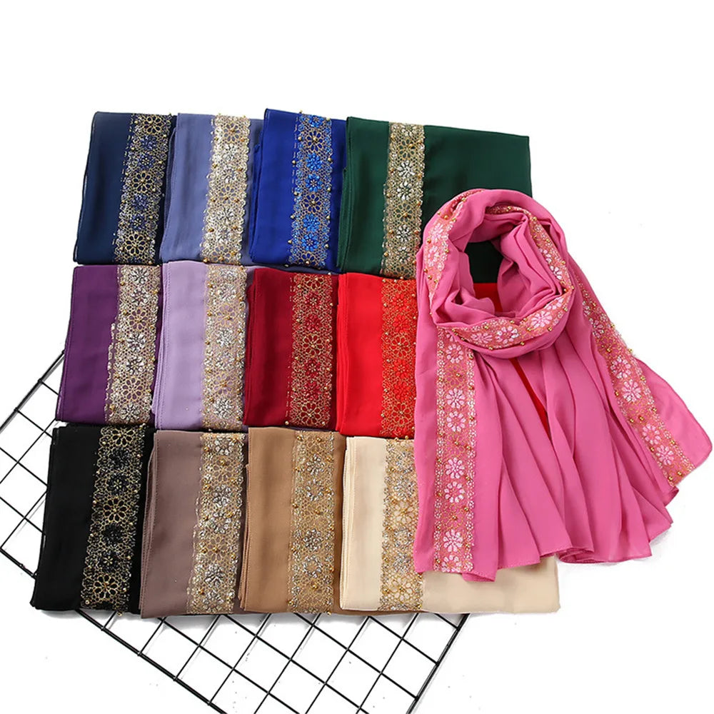 Lace Chiffon Hijab Scarf for Women Islamic Headscarf Female Muslim Head Wraps Scarves