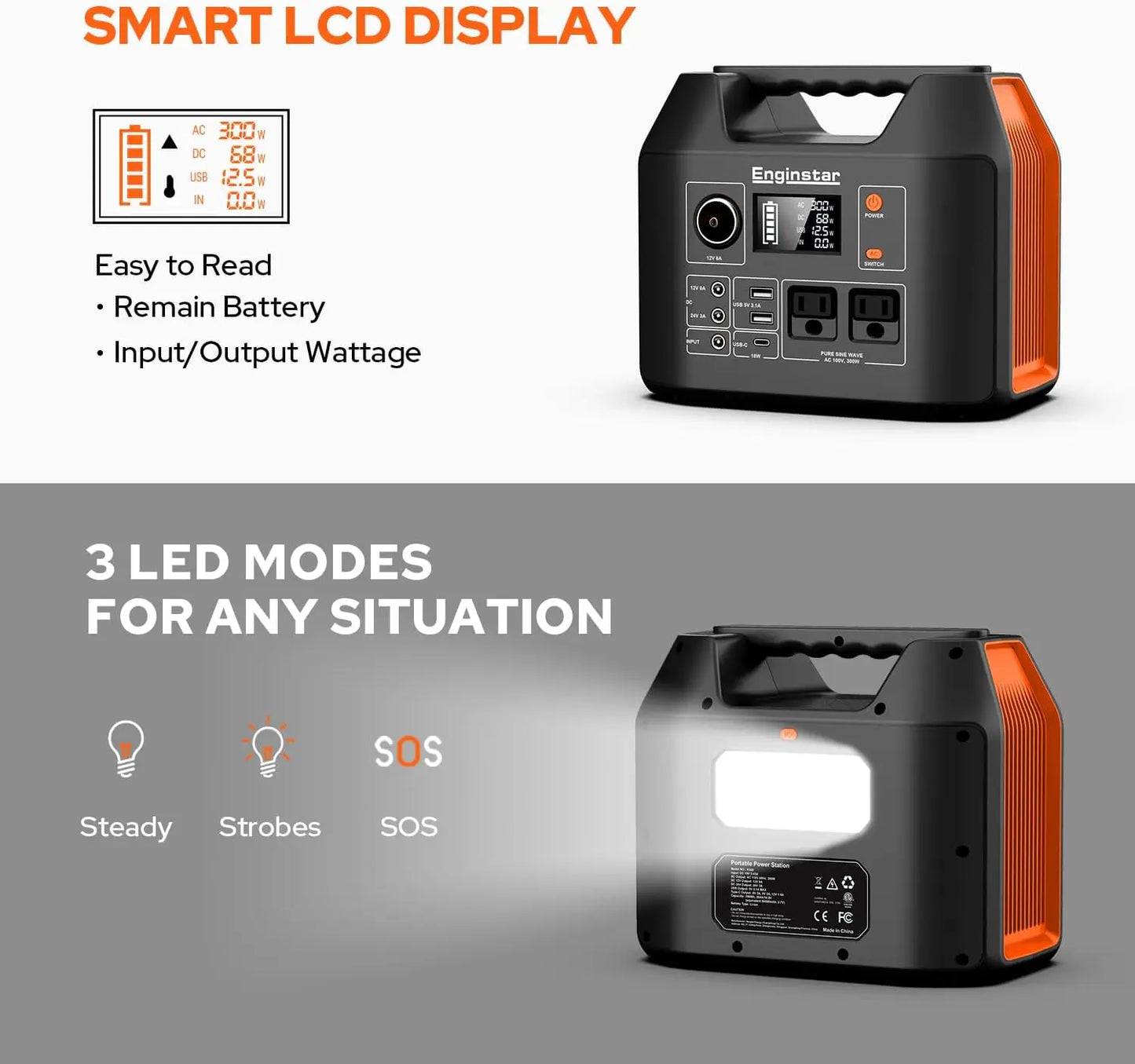 EnginStar Portable Power Station 300W 296Wh Battery Bank with 110V Pure Sine Wave AC Outlet for Outdoors Camping Hunting