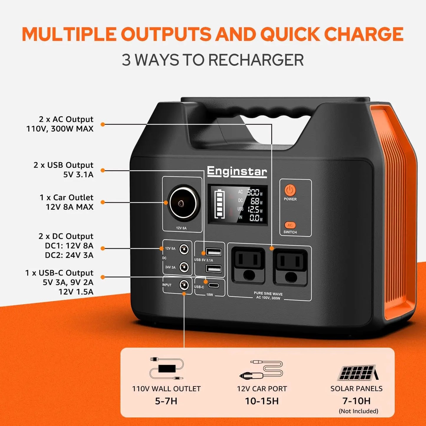 EnginStar Portable Power Station 300W 296Wh Battery Bank with 110V Pure Sine Wave AC Outlet for Outdoors Camping Hunting