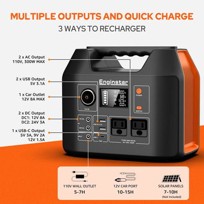 EnginStar Portable Power Station 300W 296Wh Battery Bank with 110V Pure Sine Wave AC Outlet for Outdoors Camping Hunting