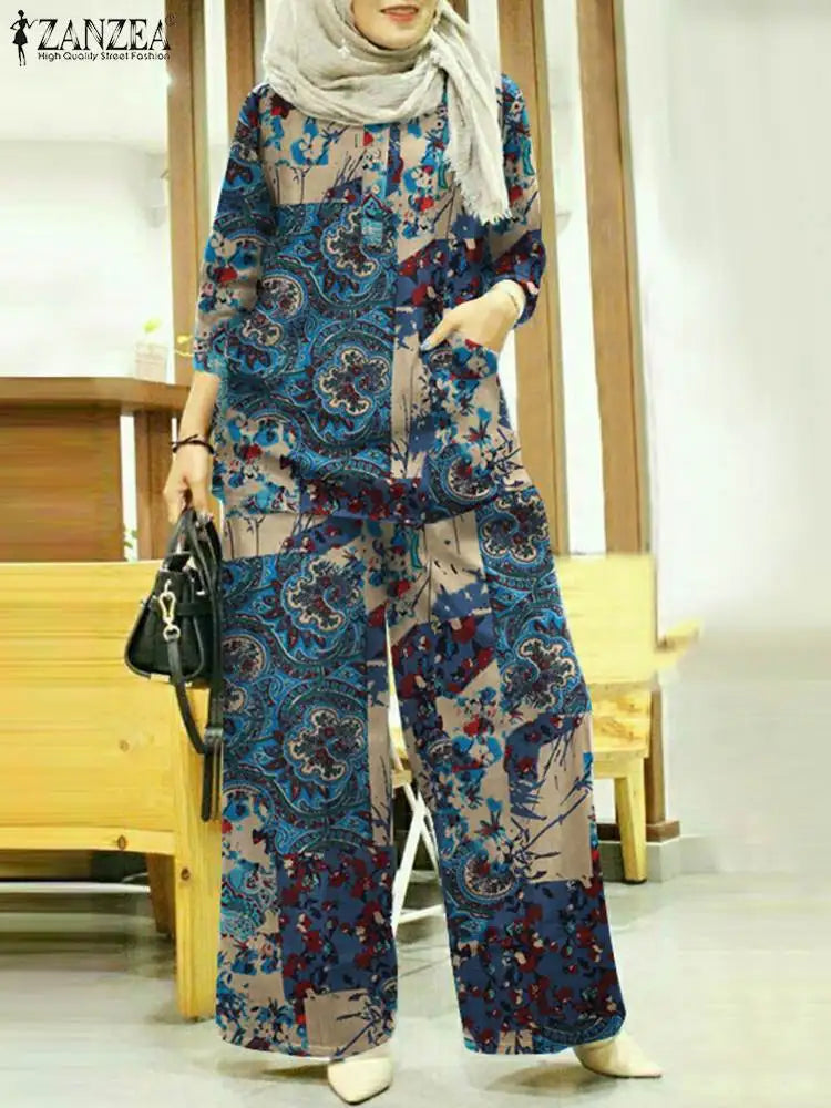 Women Autumn Matching Sets ZANZEA Bohemain Printed Blouse Wide Leg Pant Sets Woman Muslim Suit Fashion 2pcs Floral Tracksuits