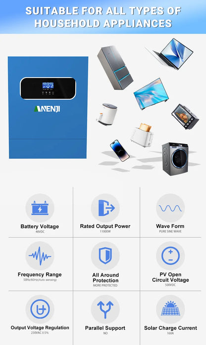 11KW 48V Solar Inverter Hybrid Off Grid 230V Pure Sine Wave MPPT  PV 500V 120A Solar Charge Power Home Inverter