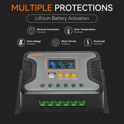 Solar Charge Controller PWM 80A 60A 30A 12V 24V 36V 48V Auto Solar Regulator LCD Display with Dual USB fit for Lithium Batteries