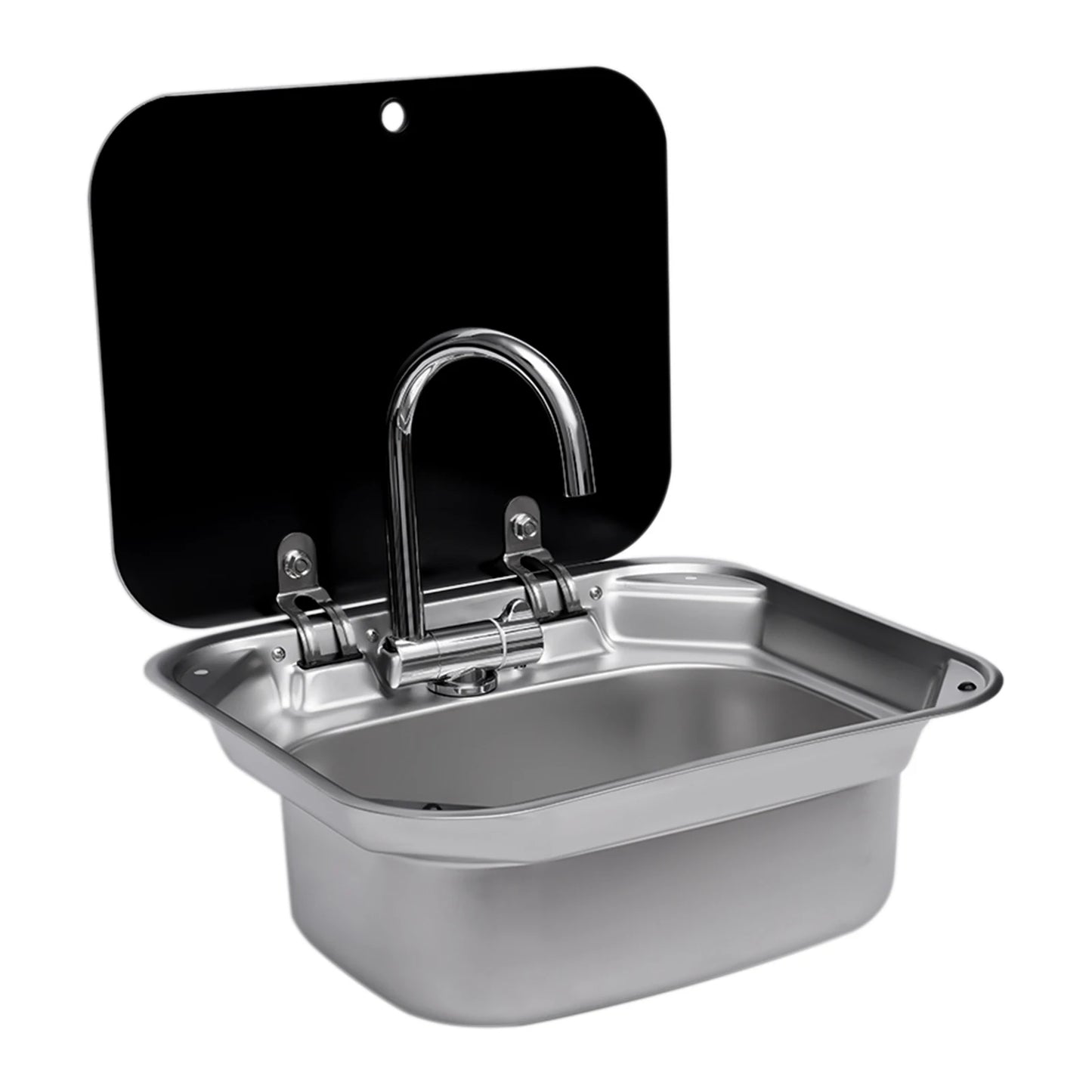 Steel Hand Wash Basin Sink with tap with Folded Faucet Tempered Glass Lid van Camper Trailer Accessories for RV Caravan or Boat