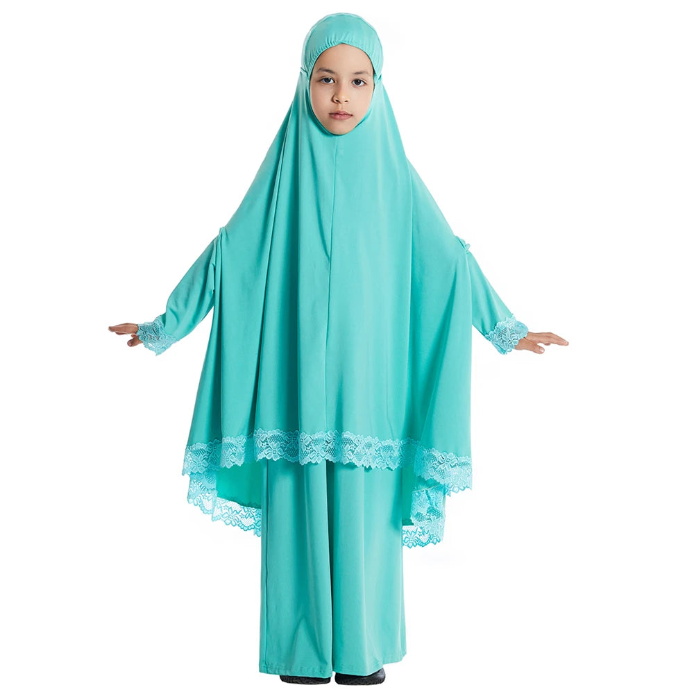 2 Piece Set Prayer Garment Lace Dress Muslim Kids Girls Abaya Gowns Overhead Hijab Long Khimar Ramadan Skirt Arab Clothes Niqab