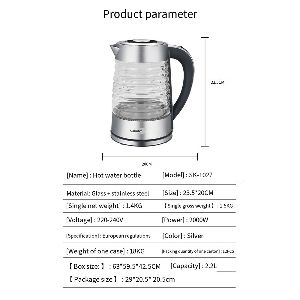 2.2L Portable Kettle Electric Tea Pot Smart Glass Stainless Steel Coffee Teapot Port Kitchen 220V For Boiling Water AU 전기포트 주전자