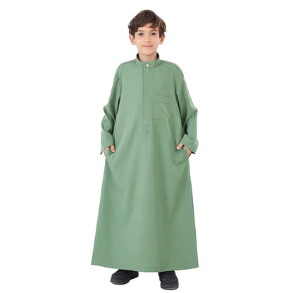 2025 Muslim Kids Jubba Thobe Solid Long Sleeve Robe Arab Islamic Clothing Middle East Teen Abaya Ramadan Kaftan Boys Robe Dress