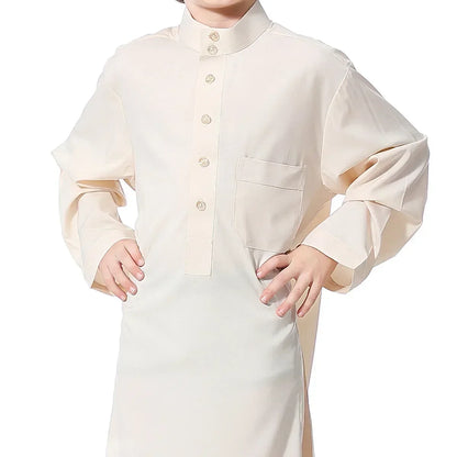 Solid Stand Collar Boys Kids Islamic Muslim Juba Kaftan Robe Arabian Dubai Qatar Children Long Dress Singel-Breasted Abaya Robe