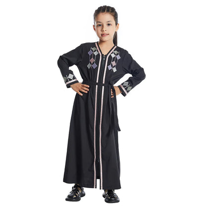 Moroccan Eid Muslim Kids Abaya Girls Embroidery Zipper Long Sleeve Maxi Dress Arabic Kaftan Robes Islamic Party Prayer Clothing