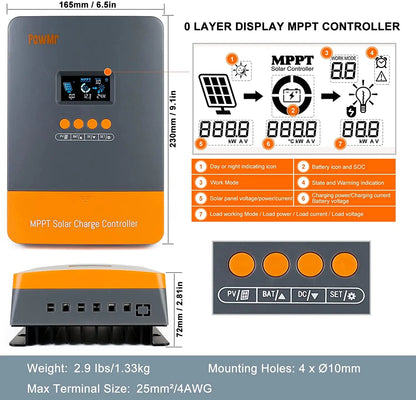 PowMr MPPT 60A Solar Charger Controller 12V 24V 36V 48V Auto Lifepo4 Battery Charger Solar Panel Regulator Max PV Input 160VDC