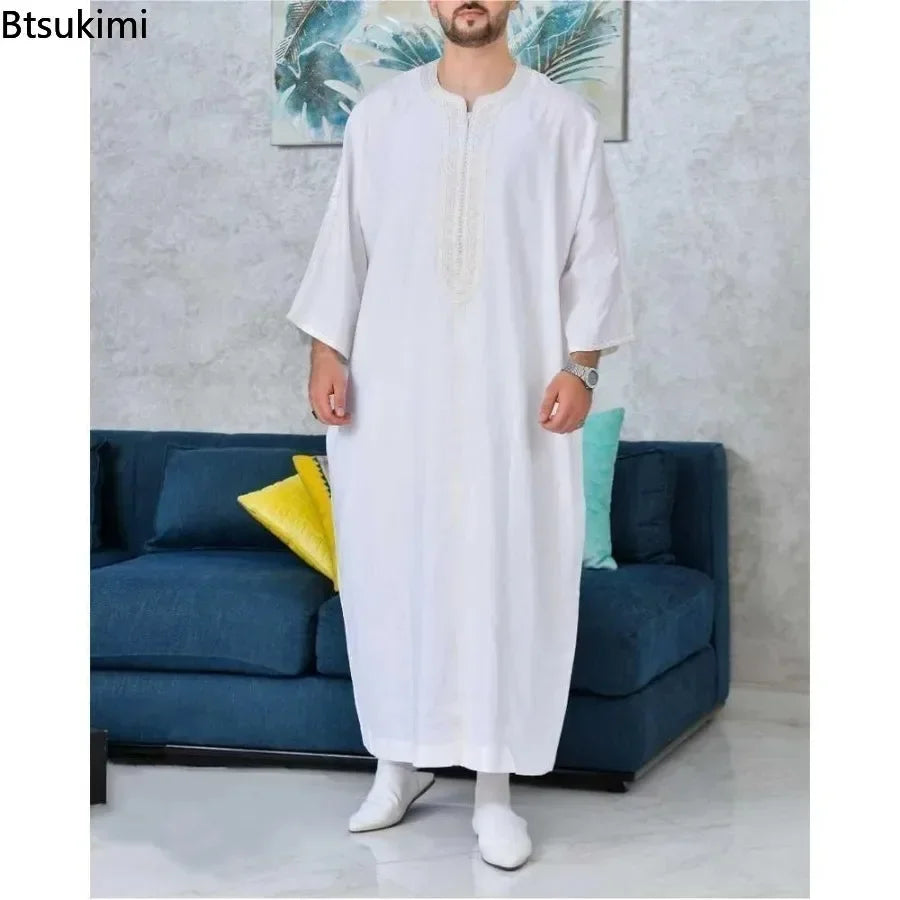 New 2025 Arab Men's Robe Abaya White Muslim Printed Clothing Men's Robe Long Dress Abaya Muslim Clothes for Men Gift Kaftan Men