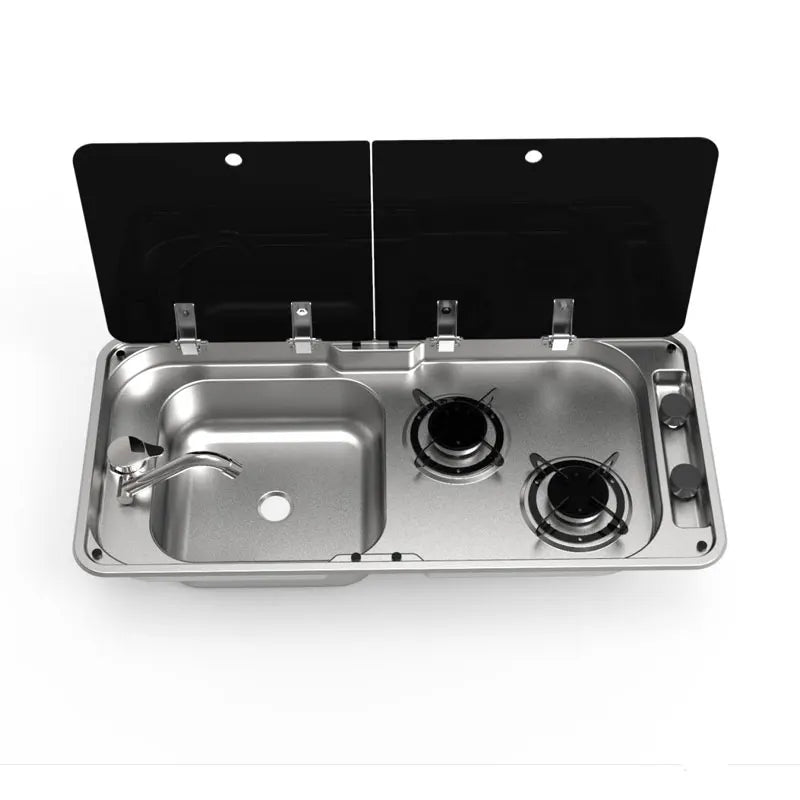 RV Gas Stove Two Burner Rectangular Stainless Steel Sink Combi with 2 Glass Lid 2.18KW 0.8MM Thickness for Car Kitchen