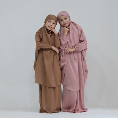 Eid Ramadan Muslim Kids Girls Hijab Dress Hooded Khimar Skirt Abaya Prayer Garment Islamic Clothing Full Cover Burqa Niqab 2PCS