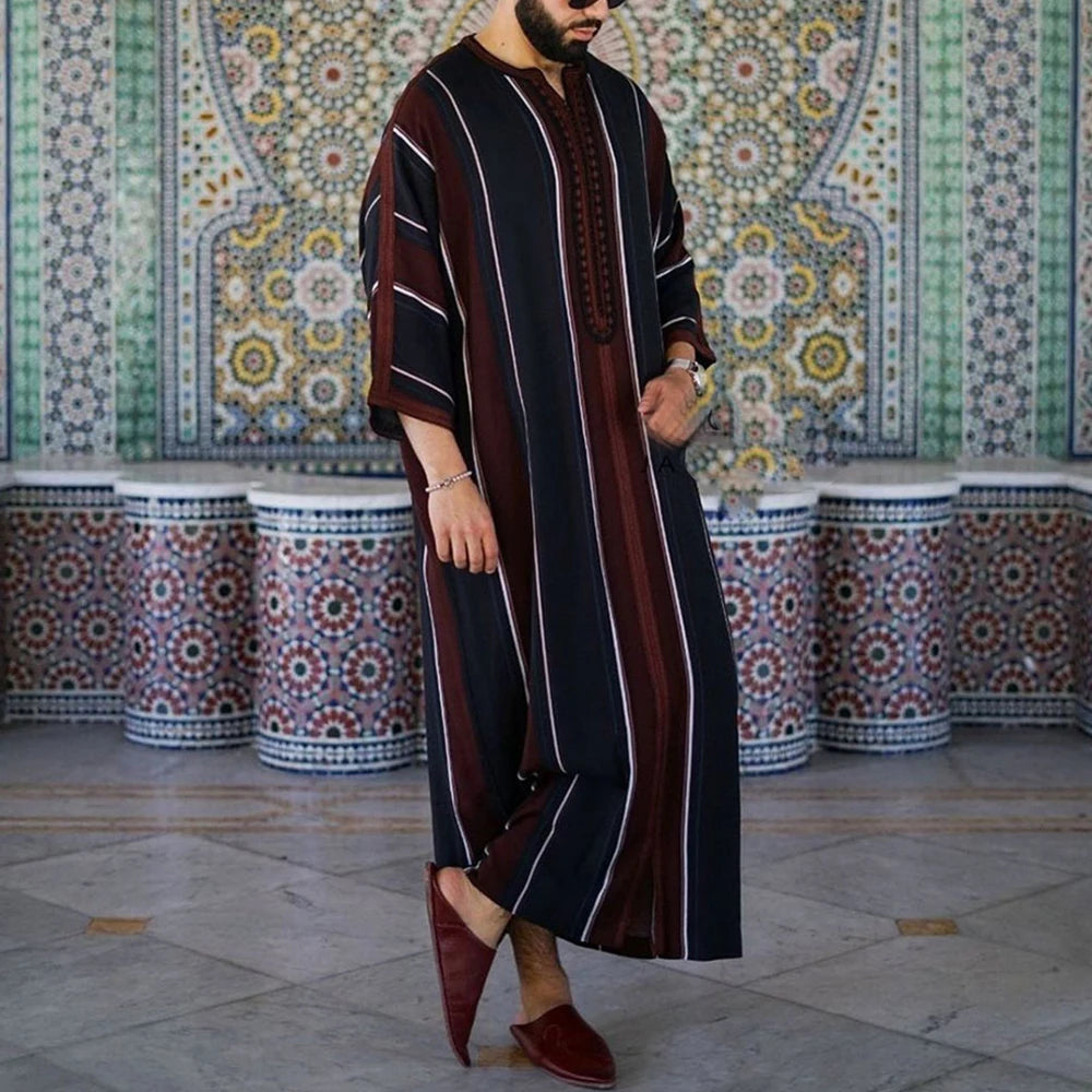 Men Vintage Abaya Arabic Muslim Long Robes Islamic Clothing Loose Shirt Jubba Thobe Stripe Saudi Arab Middle East Muslim Dresses