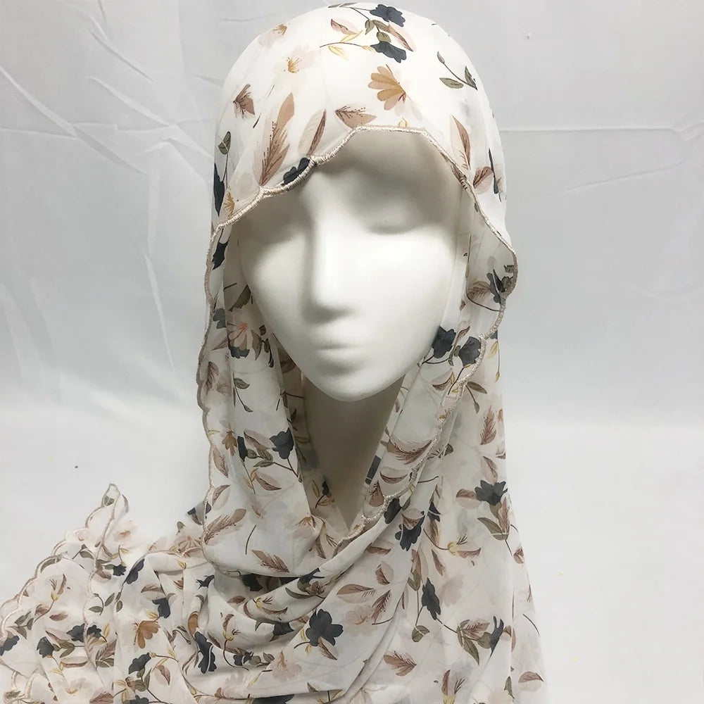 Chiffon Hijab Scarf Foulard Femme Musulman Printed Shawl Islamic Clothing Headwear Muslim Headscarf 4 Side Embroidery 180X70CM