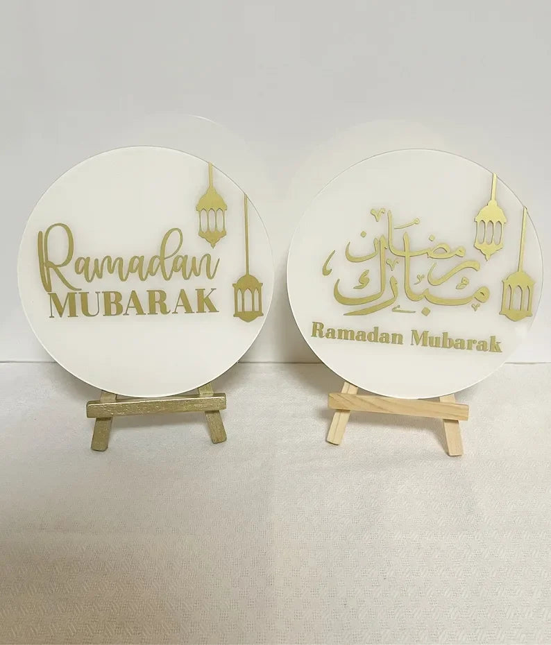 2pcs Ramadan Mubarak Acrylic Sign Table Centerpiece Decor Ramadan Kareem Eid Mubarak Muslim Islam Ramazan Eid Decor Easel