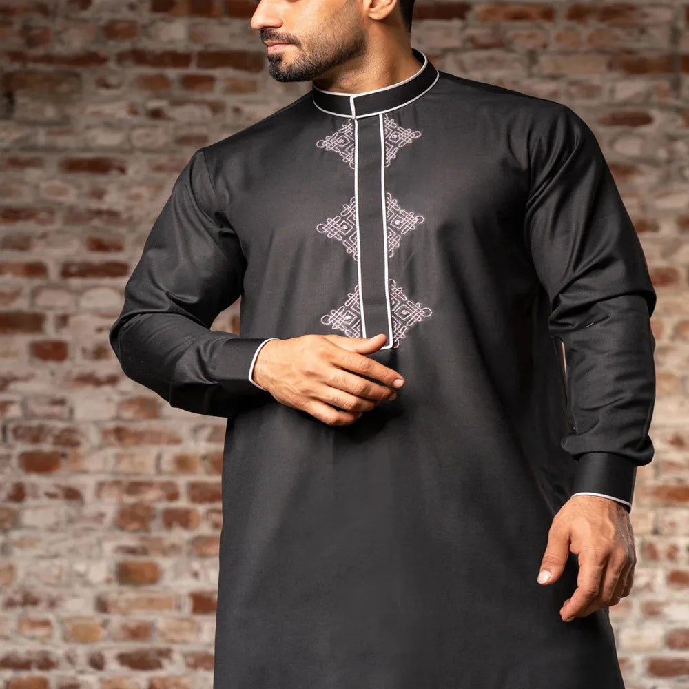 Eid Muslim Fashion Men Jubba Thobe Embroidery Stand Collar Dubai Arab Long Dress Islamic Ramadan Robe Saudi Musulman Abaya Male