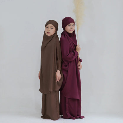 Eid Ramadan Muslim Kids Girls Hijab Dress Hooded Khimar Skirt Abaya Prayer Garment Islamic Clothing Full Cover Burqa Niqab 2PCS