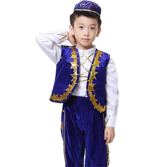 Traditional Muslim Clothing for Islamic Boy Arabic Jubba Thobe Arab Performance Saudi Arabia Dance Wear Top Pant Hat Set