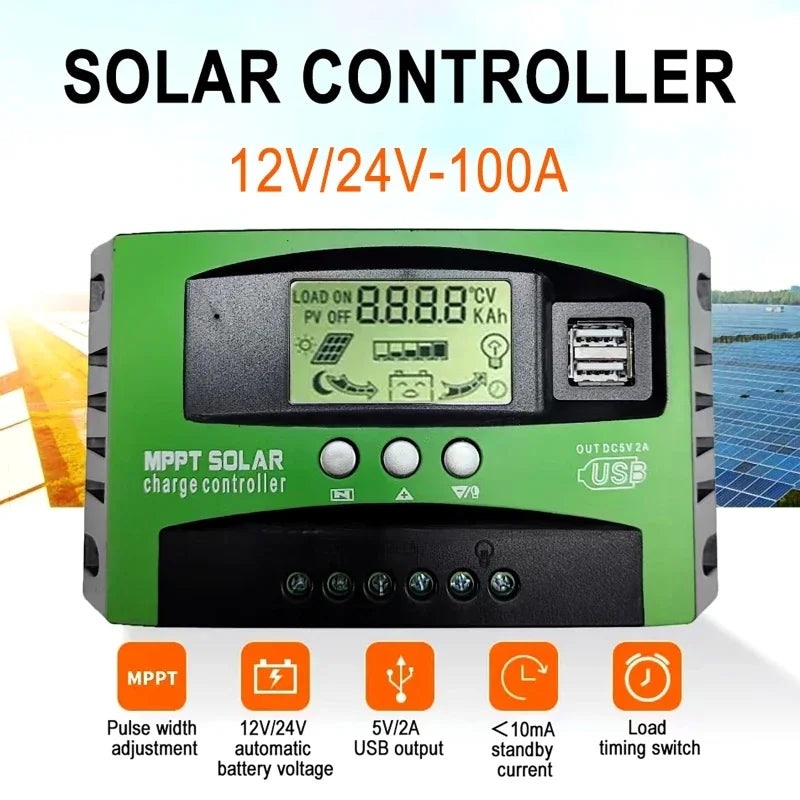 30/40/50/60/80/100A Solar Panel Controller 12V/24V Battery Charge Regulator Dual USB Photovoltaic Cell Panel Charger Regulator