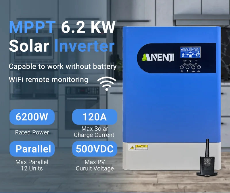 6.2KW 48V Hybrid Solar Inverter Parallel Solar Inverter 220V Pure Sine Wave PV 500V Built-in 120A MPPT Solar Charge Controller