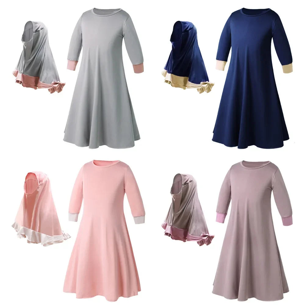 2Pcs Muslim Kids Hijab Dress Abaya Set Islamic Children Eid Ramadan Prayer Burka Arab Girls Khimar Headscarf Niqab Robe Clothing