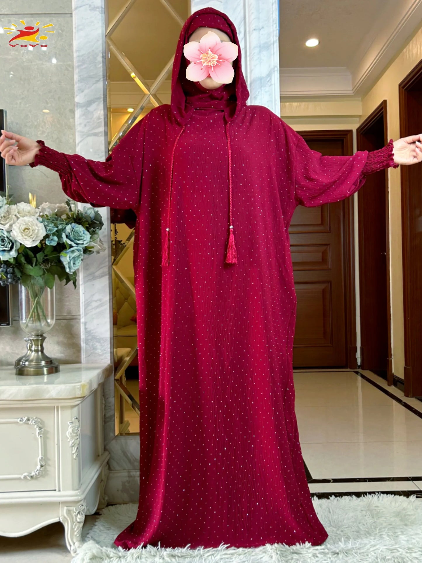 New Ramadan Muslim Double hat Solid Cotton Abaya Dubai Turkey Islam Prayer ClothesWith Stones Dress Islam Women Dress Kaftan