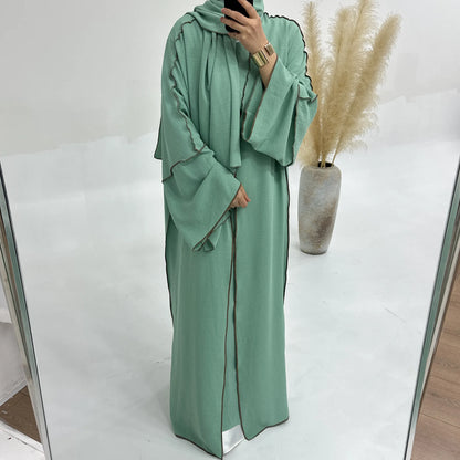 Turkey Dubai Abayas Muslim Set Cardigan Inner Lap and Turban Muslim Long Robes Three-piece Muslim Open Abayas for Women Dress