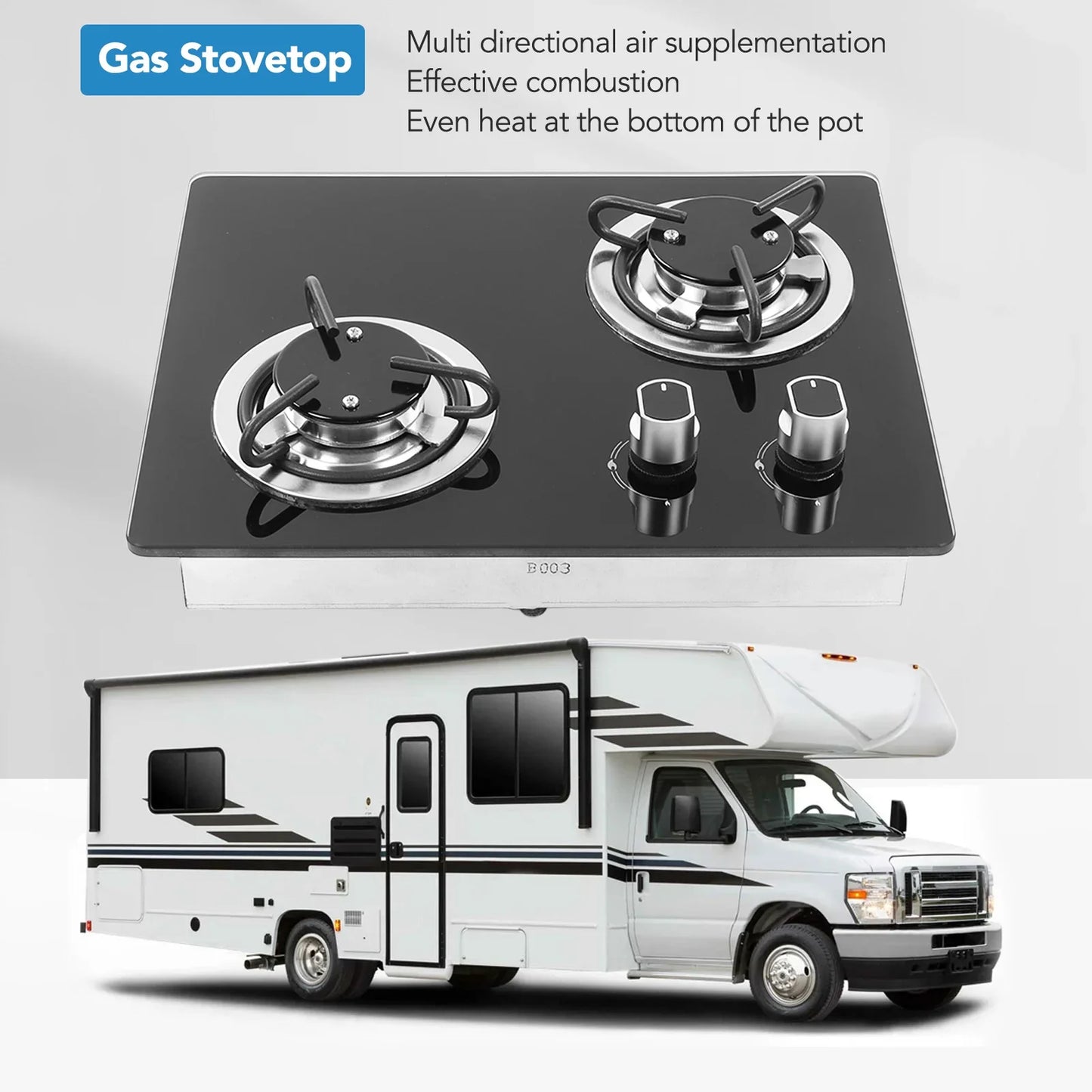 RV Gas Stove 2 Burners 1.8Kw Power Tempered Glass Panel Easy to Clean Gas Cook Top for RV Boat Caravan Camper