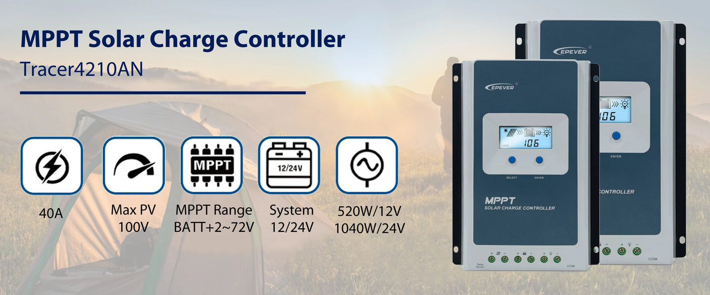 40A MPPT Solar Charge Controller 12V/24V Battery Voltage Max Solar Panel 100V EPEVER Regulator With MT50 Data Monitor